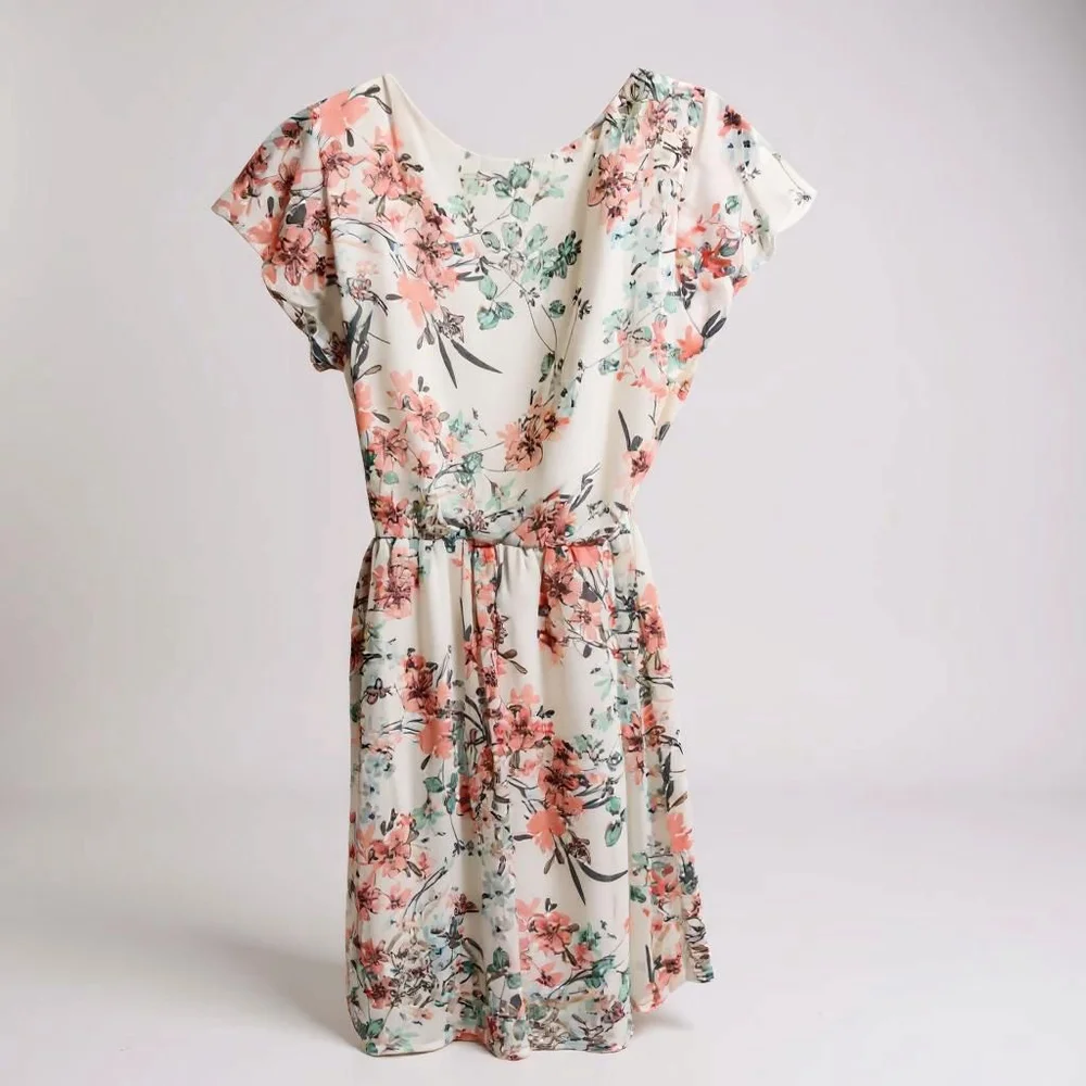 AS U WISH White & Pink Floral Faux Wrap Dress Size S